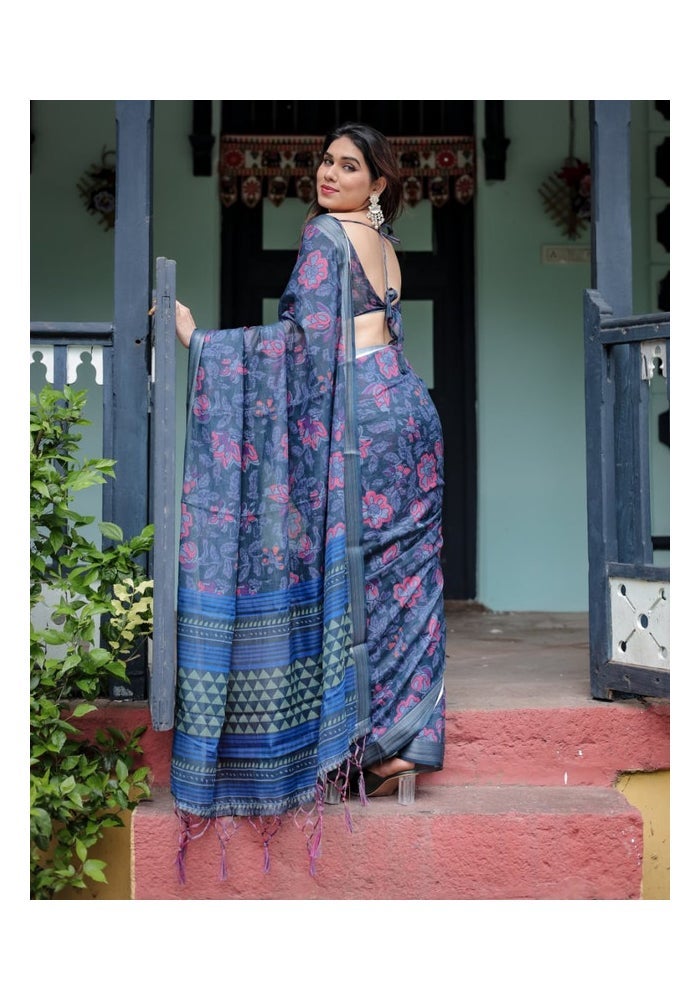 Malishka Export Blue Floral Linen Cotton Saree for Women - Image 2
